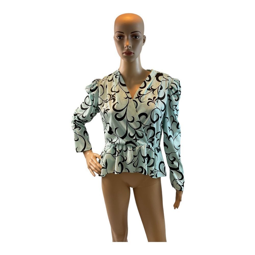 Sally Lou Women’s Vintage Midi Peplum Blouse Blue And Black Puff Sleeve Size 10.